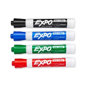Expo Low Odor Chisel Tip Marker Set, Red, Blue, Green, and Black